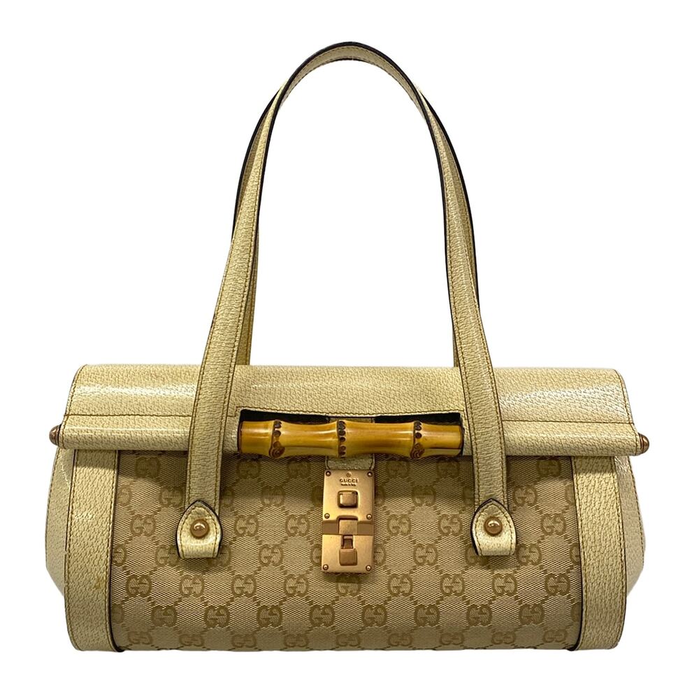 Gucci Bamboo Shoulder Bag 111713 Beige Cream Jacquard Leather